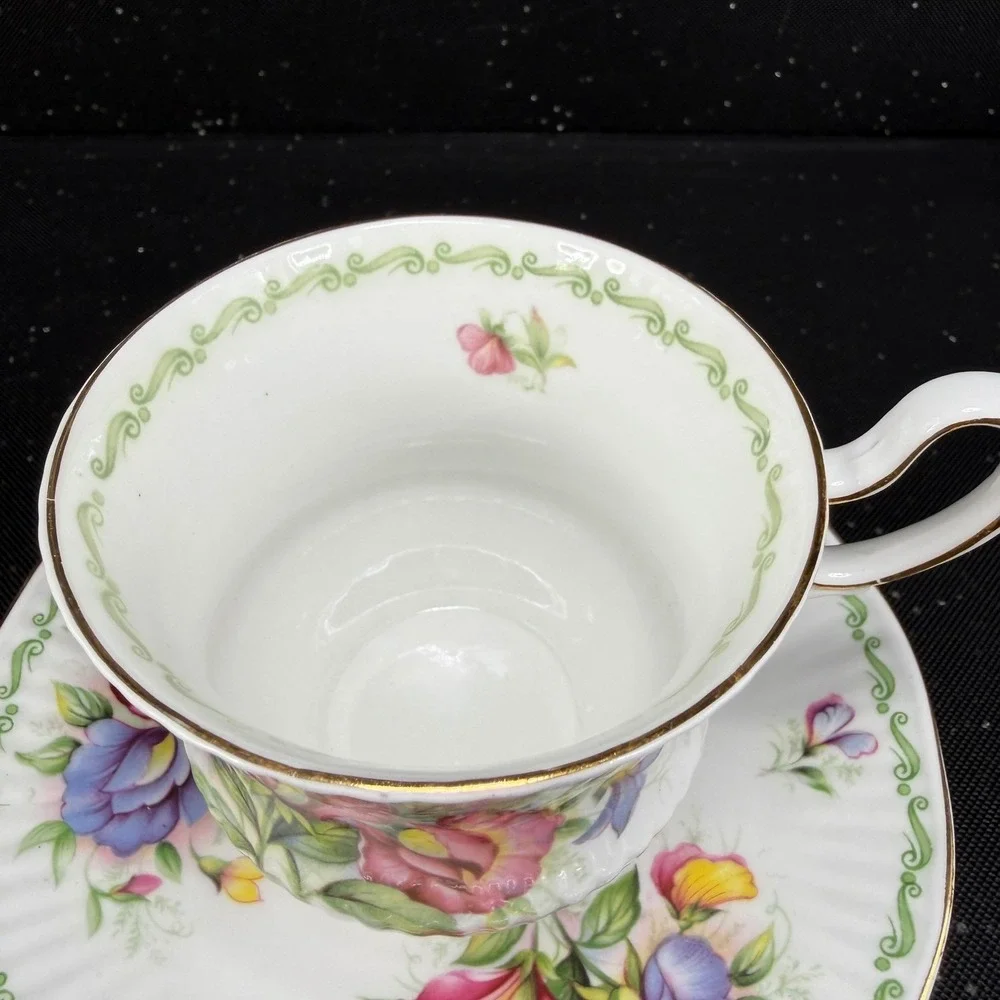 Queen's Special Flowers April Sweet Pea Tea Cup Saucer Set Rosina China England